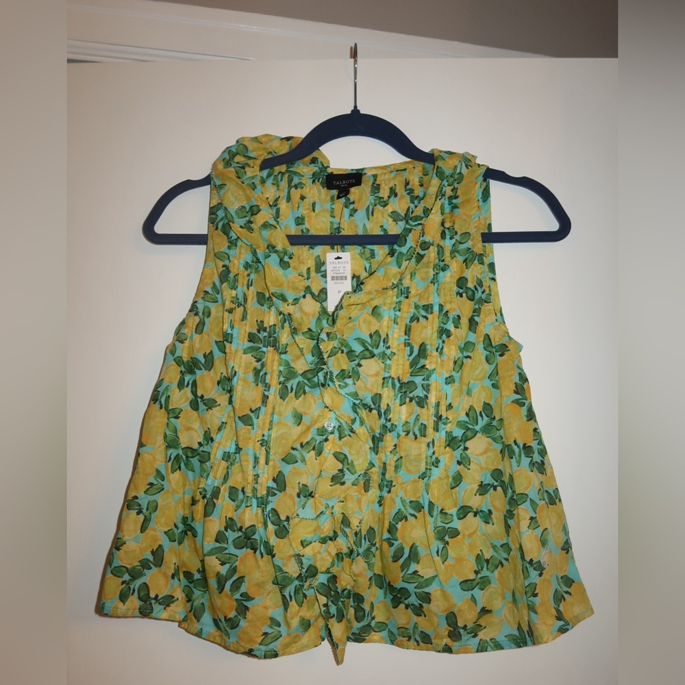 Talbots Yellow Lemon-Print Sleeveless Tank with Green Leaf Motif